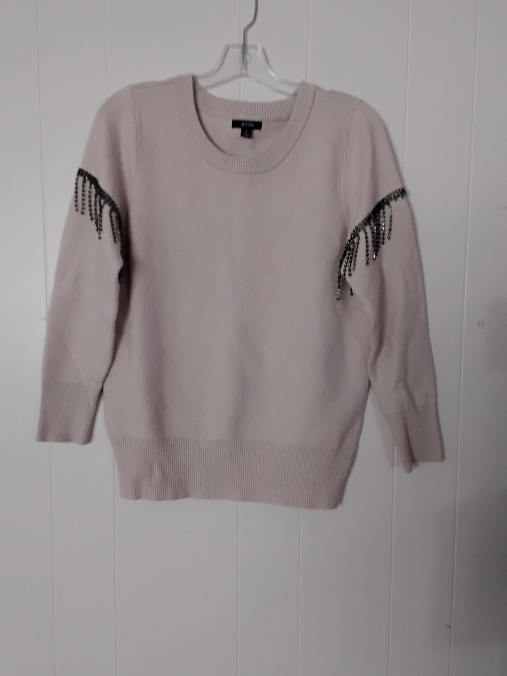 Alfani Pale Pink Crewneck Sweater with Black Beaded Fringe